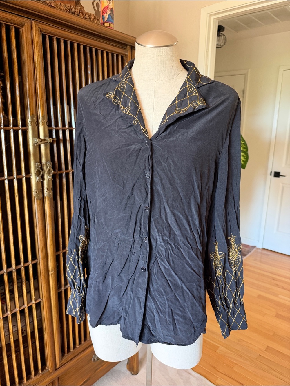 Silk Black Button-Down Top with Gold Embroidery